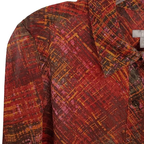 J Jill Size M Petite Blouse Semi Sheer Long Sleeve Button Front Shirt Red Orange - Picture 4 of 6